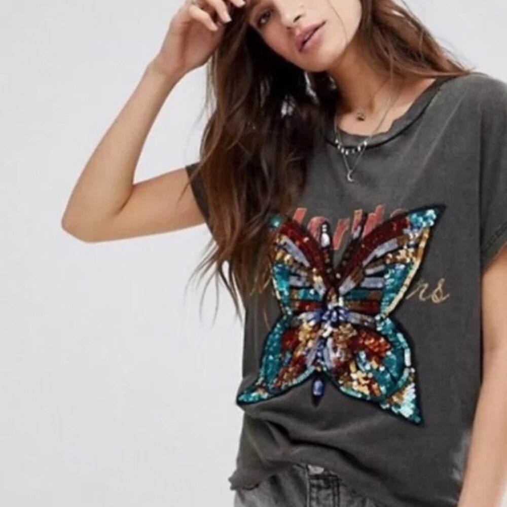 Free People Women's Valentine Sequin Butterfly Boxy Distress Top Sz S